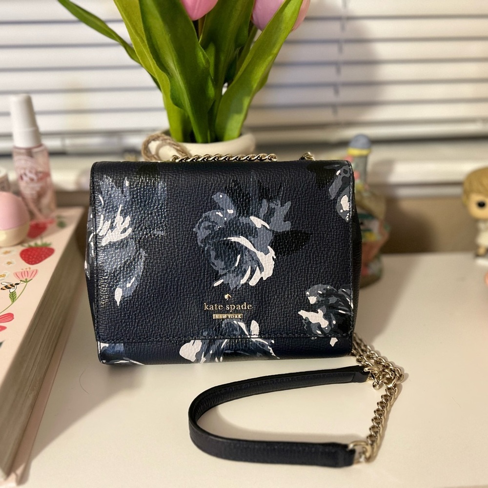Kate Spade Mini Emelyn Crossbody Leather Bag “briar lane night rose” Navy Blue